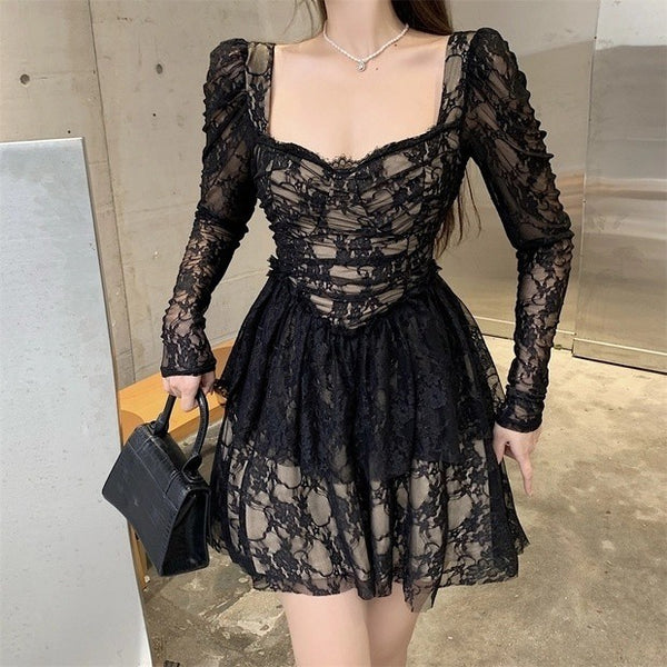Great Perfect Pretty Elegant Ladies Lace Sexy Square Collar Long Sleeves High Waist A Line Dress