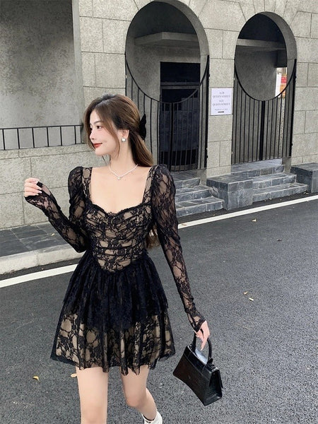 Great Perfect Pretty Elegant Ladies Lace Sexy Square Collar Long Sleeves High Waist A Line Dress