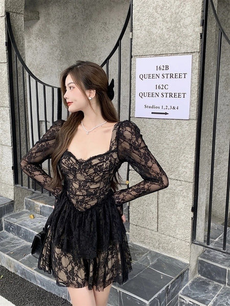 Great Perfect Pretty Elegant Ladies Lace Sexy Square Collar Long Sleeves High Waist A Line Dress