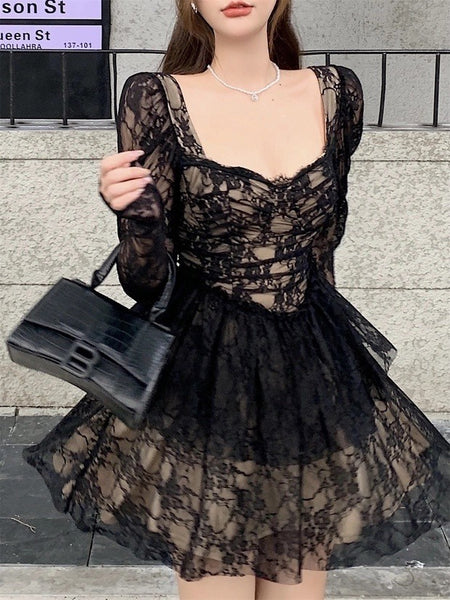 Great Perfect Pretty Elegant Ladies Lace Sexy Square Collar Long Sleeves High Waist A Line Dress