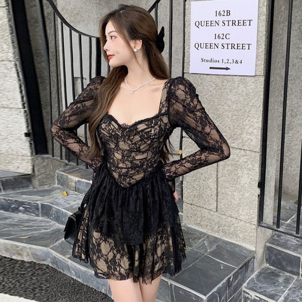 Great Perfect Pretty Elegant Ladies Lace Sexy Square Collar Long Sleeves High Waist A Line Dress