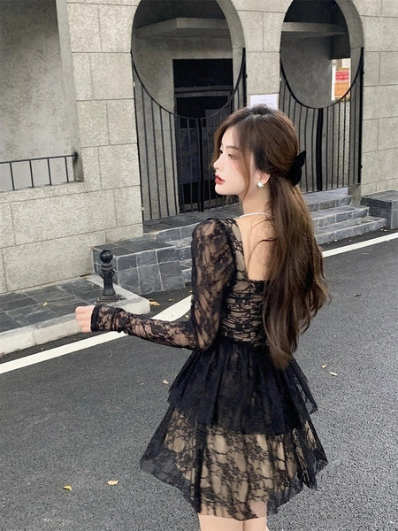 Great Perfect Pretty Elegant Ladies Lace Sexy Square Collar Long Sleeves High Waist A Line Dress