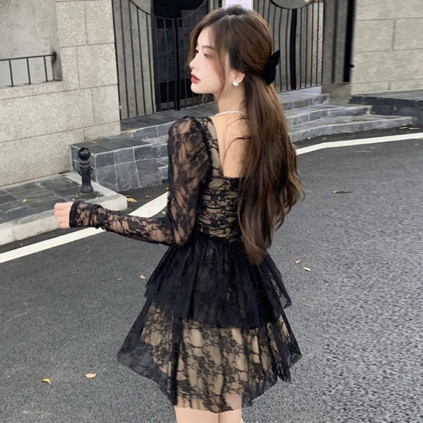 Great Perfect Pretty Elegant Ladies Lace Sexy Square Collar Long Sleeves High Waist A Line Dress