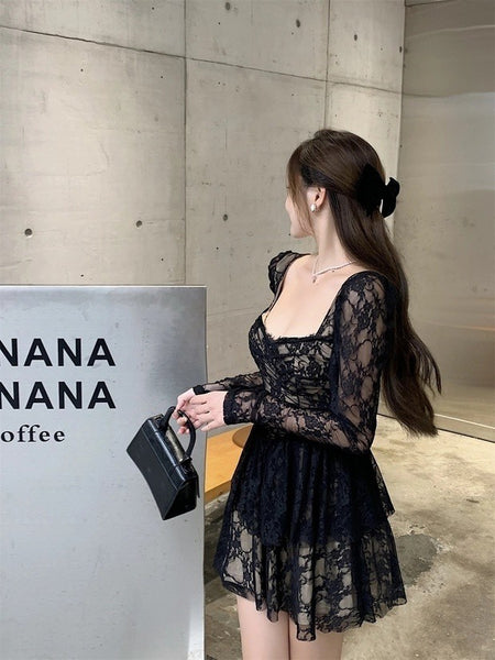 Great Perfect Pretty Elegant Ladies Lace Sexy Square Collar Long Sleeves High Waist A Line Dress