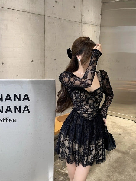 Great Perfect Pretty Elegant Ladies Lace Sexy Square Collar Long Sleeves High Waist A Line Dress