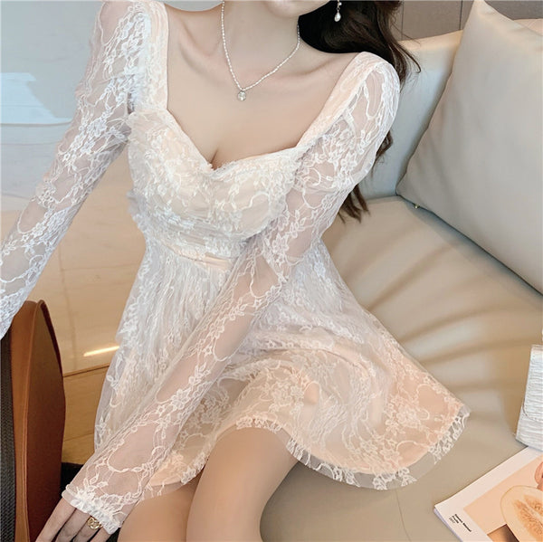 Amazing Sweet Sexy Elegant Temperament Lace Square Collar Long Sleeves A Line Dress