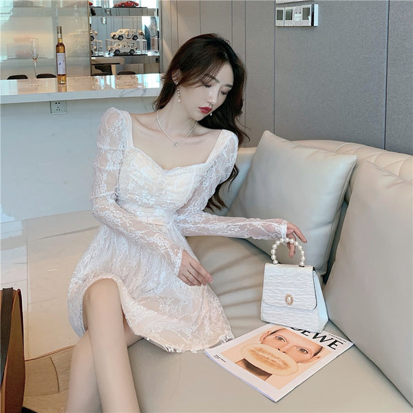Amazing Sweet Sexy Elegant Temperament Lace Square Collar Long Sleeves A Line Dress