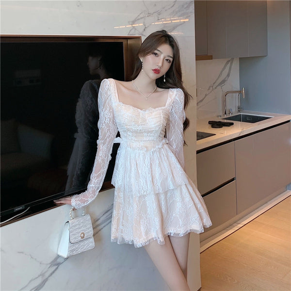 Amazing Sweet Sexy Elegant Temperament Lace Square Collar Long Sleeves A Line Dress