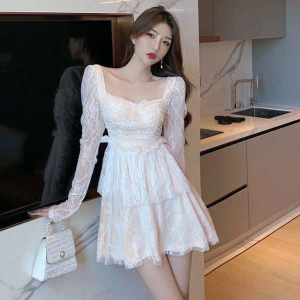 Amazing Sweet Sexy Elegant Temperament Lace Square Collar Long Sleeves A Line Dress