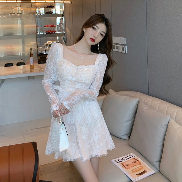 Amazing Sweet Sexy Elegant Temperament Lace Square Collar Long Sleeves A Line Dress