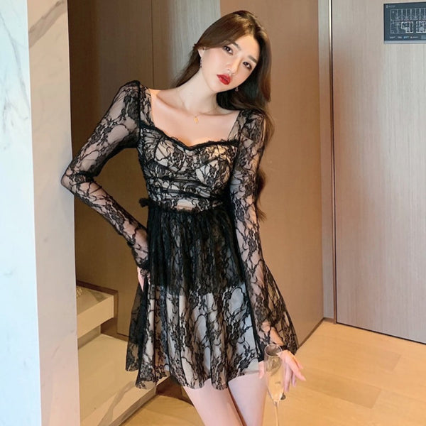 Amazing Sweet Sexy Elegant Temperament Lace Square Collar Long Sleeves A Line Dress