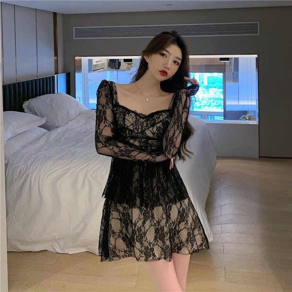 Amazing Sweet Sexy Elegant Temperament Lace Square Collar Long Sleeves A Line Dress