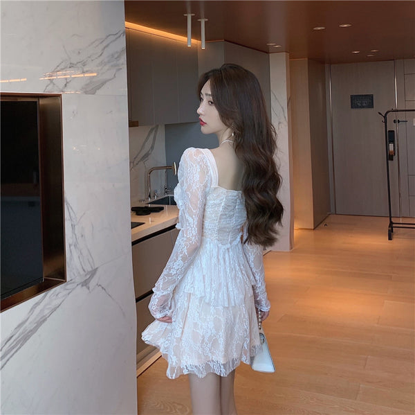 Amazing Sweet Sexy Elegant Temperament Lace Square Collar Long Sleeves A Line Dress