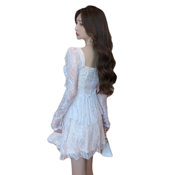 Amazing Sweet Sexy Elegant Temperament Lace Square Collar Long Sleeves A Line Dress