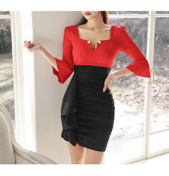 Look Great Sexy Women Hollow High Waist Ruffle Frilling Long Sleeve Pleated Hip Skirt Mini Pencil Dress