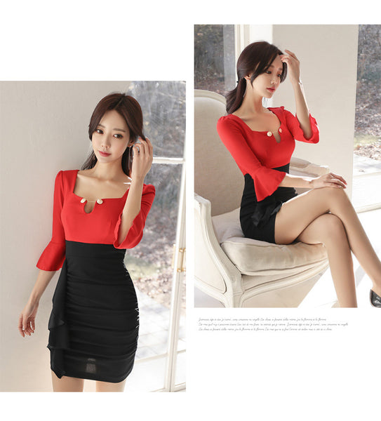 Look Great Sexy Women Hollow High Waist Ruffle Frilling Long Sleeve Pleated Hip Skirt Mini Pencil Dress