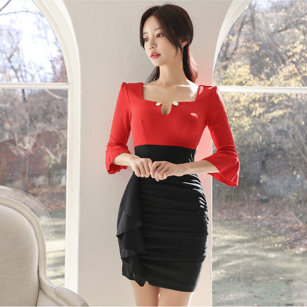 Look Great Sexy Women Hollow High Waist Ruffle Frilling Long Sleeve Pleated Hip Skirt Mini Pencil Dress