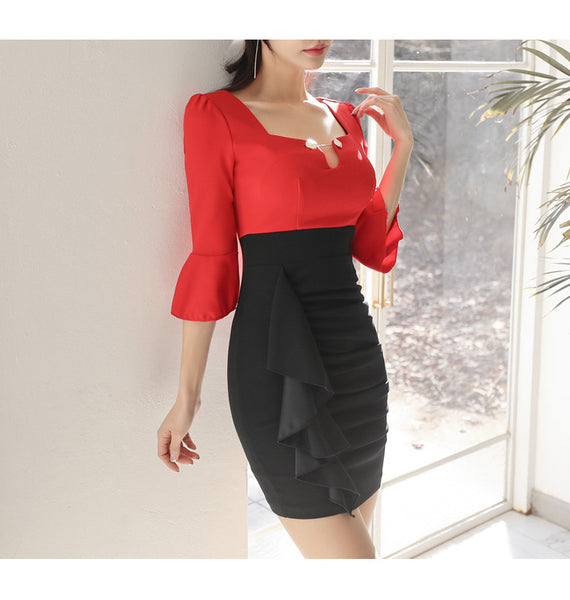 Look Great Sexy Women Hollow High Waist Ruffle Frilling Long Sleeve Pleated Hip Skirt Mini Pencil Dress