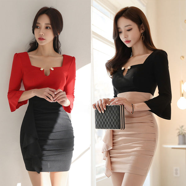 Look Great Sexy Women Hollow High Waist Ruffle Frilling Long Sleeve Pleated Hip Skirt Mini Pencil Dress