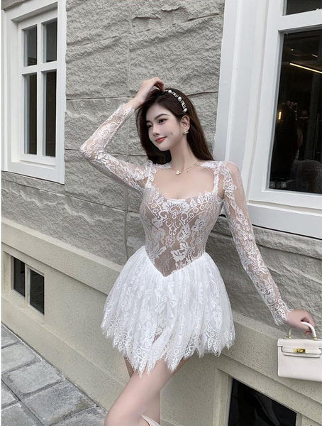 Great Look Temperament Ladies Lace Sexy Square Collar Long Sleeves High Waist A Line Dress