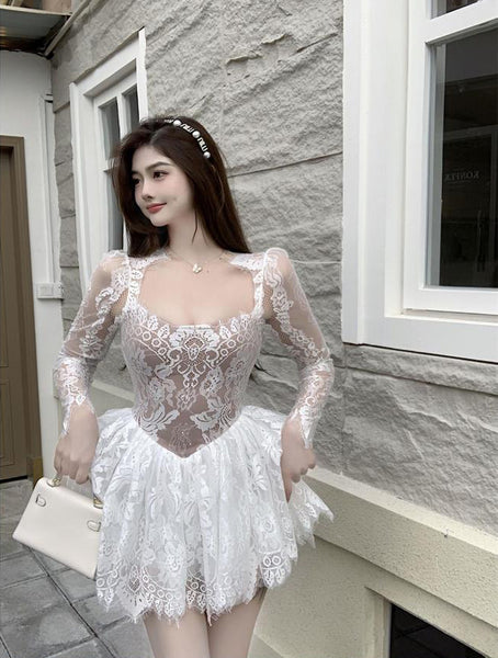 Great Look Temperament Ladies Lace Sexy Square Collar Long Sleeves High Waist A Line Dress