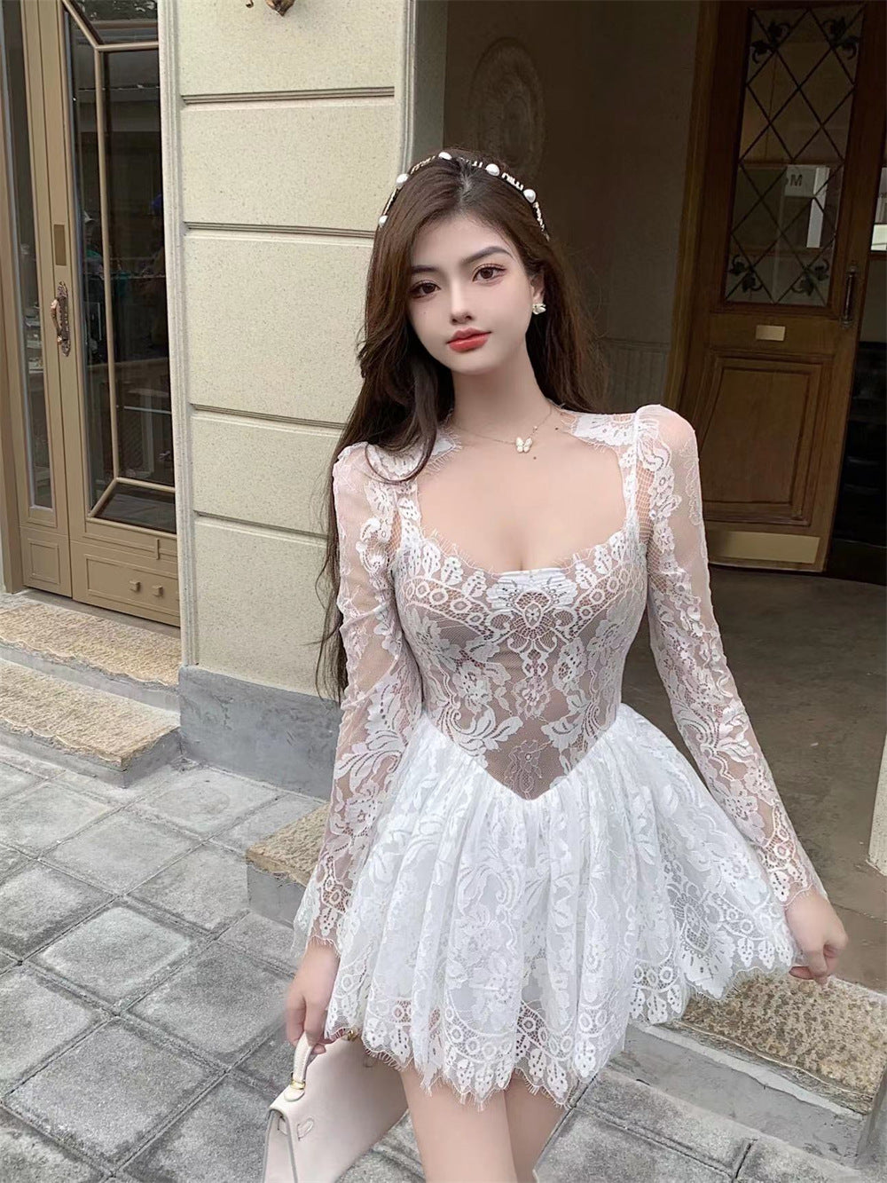 Great Look Temperament Ladies Lace Sexy Square Collar Long Sleeves High Waist A Line Dress