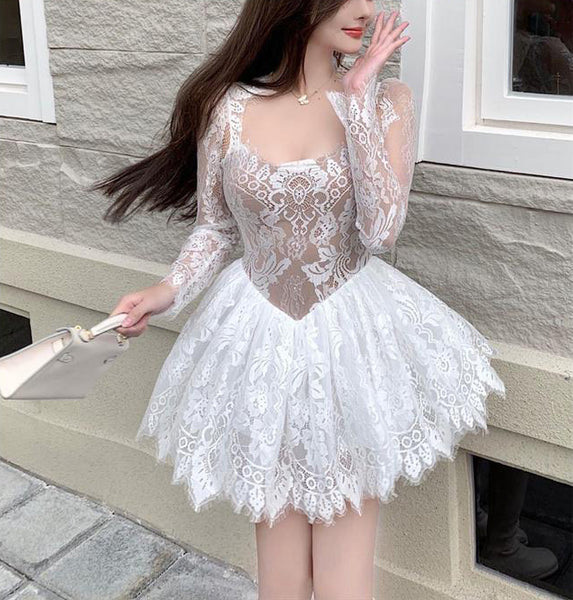 Great Look Temperament Ladies Lace Sexy Square Collar Long Sleeves High Waist A Line Dress