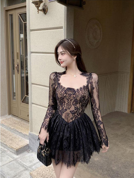 Great Look Temperament Ladies Lace Sexy Square Collar Long Sleeves High Waist A Line Dress