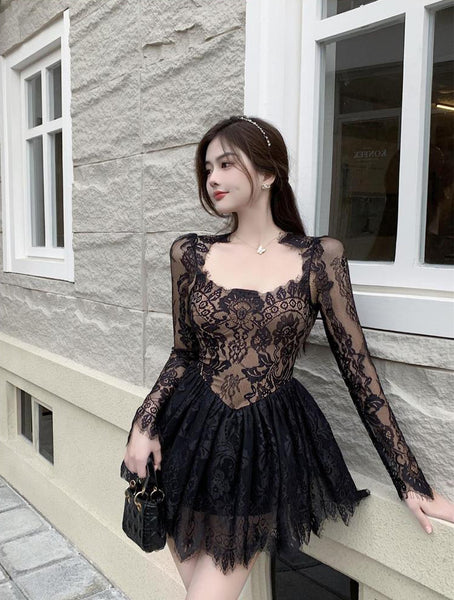 Great Look Temperament Ladies Lace Sexy Square Collar Long Sleeves High Waist A Line Dress