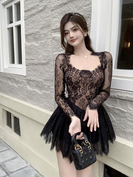 Great Look Temperament Ladies Lace Sexy Square Collar Long Sleeves High Waist A Line Dress