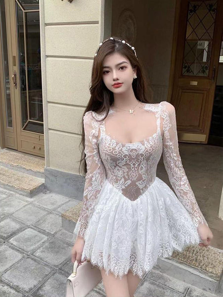 Great Look Temperament Ladies Lace Sexy Square Collar Long Sleeves High Waist A Line Dress