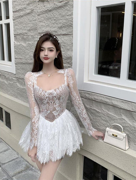 Great Look Temperament Ladies Lace Sexy Square Collar Long Sleeves High Waist A Line Dress