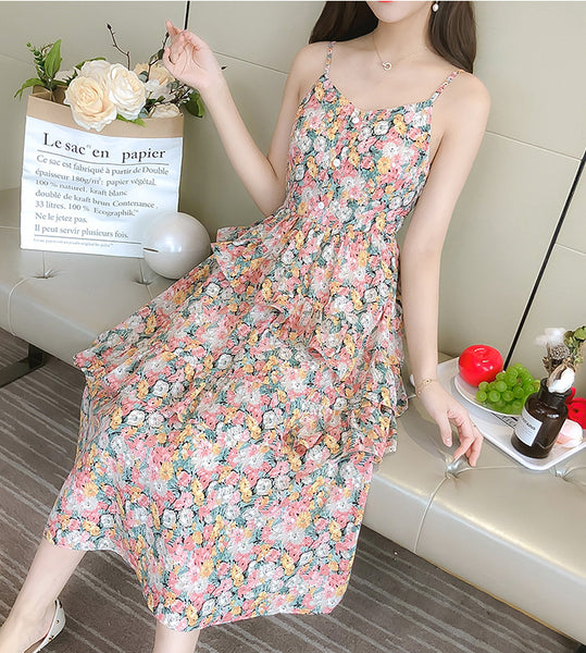 Summer Sweet Chic Women Fashion Irregular Length Chiffon Floral Spaghetti Strap Cake Dress