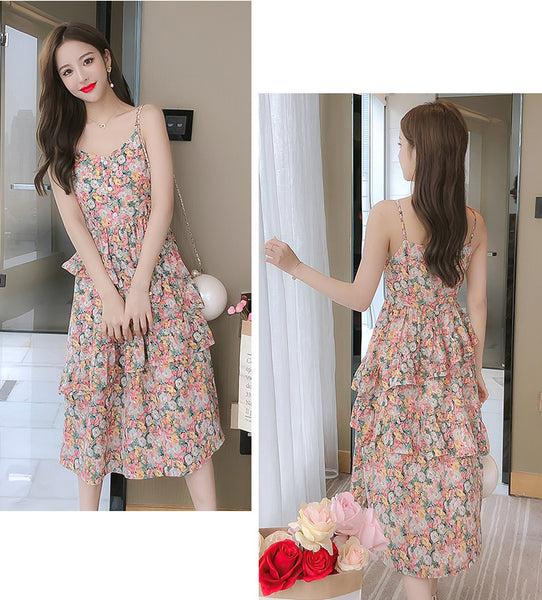 Summer Sweet Chic Women Fashion Irregular Length Chiffon Floral Spaghetti Strap Cake Dress