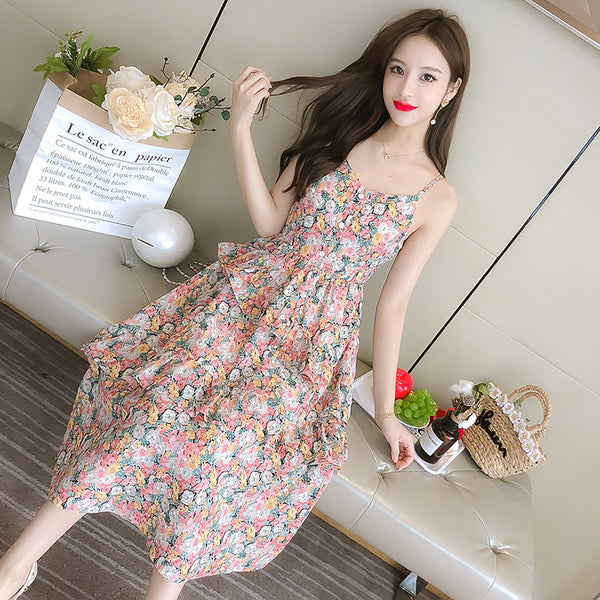 Summer Sweet Chic Women Fashion Irregular Length Chiffon Floral Spaghetti Strap Cake Dress