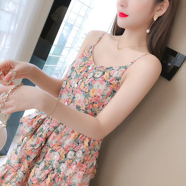 Summer Sweet Chic Women Fashion Irregular Length Chiffon Floral Spaghetti Strap Cake Dress
