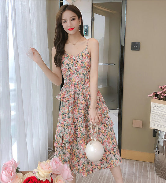 Summer Sweet Chic Women Fashion Irregular Length Chiffon Floral Spaghetti Strap Cake Dress