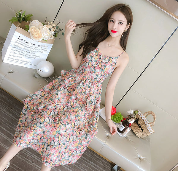 Summer Sweet Chic Women Fashion Irregular Length Chiffon Floral Spaghetti Strap Cake Dress