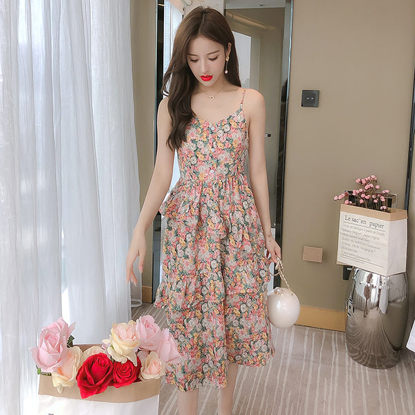 Summer Sweet Chic Women Fashion Irregular Length Chiffon Floral Spaghetti Strap Cake Dress