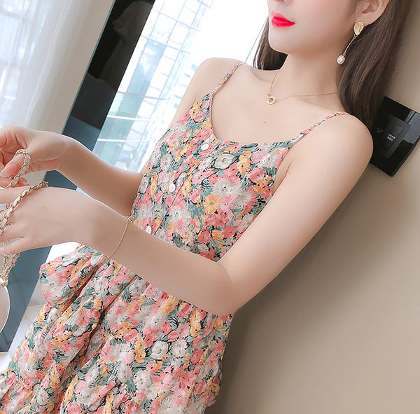 Summer Sweet Chic Women Fashion Irregular Length Chiffon Floral Spaghetti Strap Cake Dress