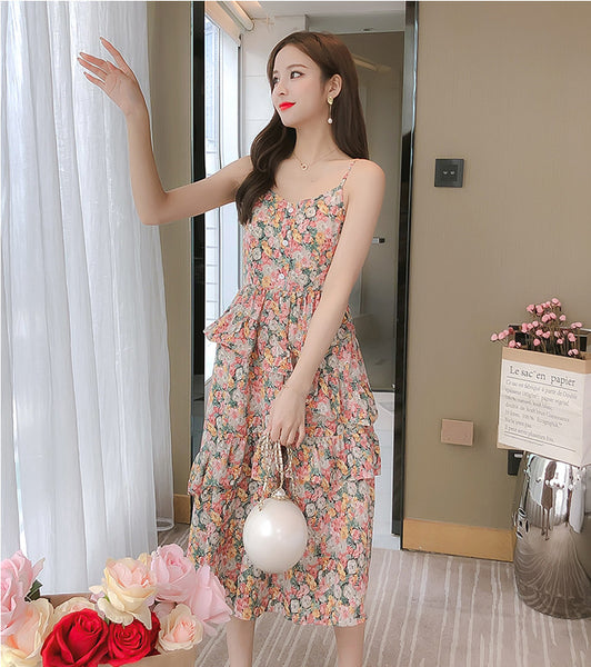 Summer Sweet Chic Women Fashion Irregular Length Chiffon Floral Spaghetti Strap Cake Dress