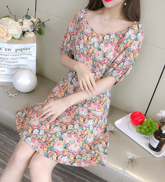 Look Great Summer Chic Women Fashion Colorful Chiffon Floral Short Sleeve A-Line Dress