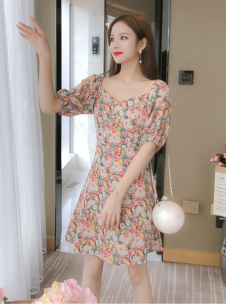 Look Great Summer Chic Women Fashion Colorful Chiffon Floral Short Sleeve A-Line Dress