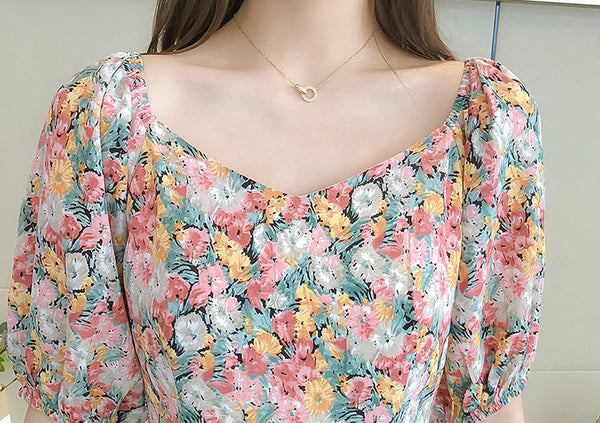 Look Great Summer Chic Women Fashion Colorful Chiffon Floral Short Sleeve A-Line Dress