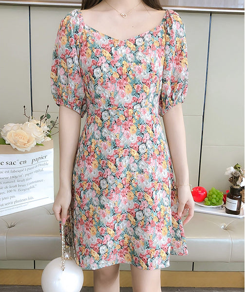 Look Great Summer Chic Women Fashion Colorful Chiffon Floral Short Sleeve A-Line Dress