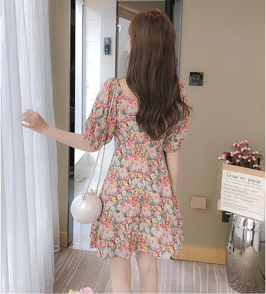 Look Great Summer Chic Women Fashion Colorful Chiffon Floral Short Sleeve A-Line Dress