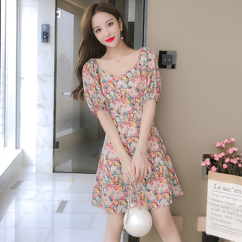 Look Great Summer Chic Women Fashion Colorful Chiffon Floral Short Sleeve A-Line Dress