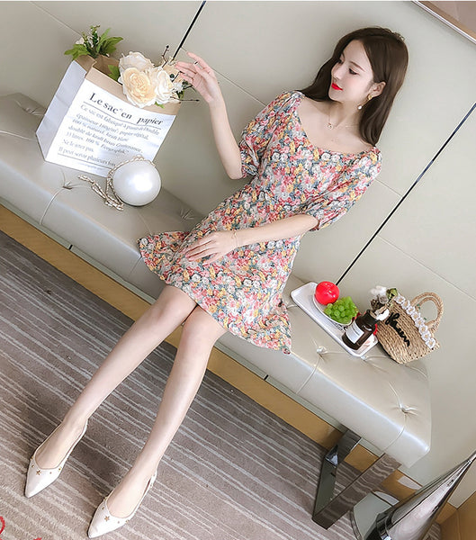 Look Great Summer Chic Women Fashion Colorful Chiffon Floral Short Sleeve A-Line Dress