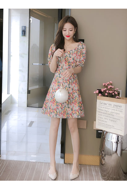 Look Great Summer Chic Women Fashion Colorful Chiffon Floral Short Sleeve A-Line Dress