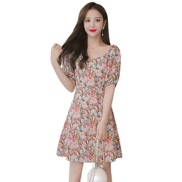 Look Great Summer Chic Women Fashion Colorful Chiffon Floral Short Sleeve A-Line Dress